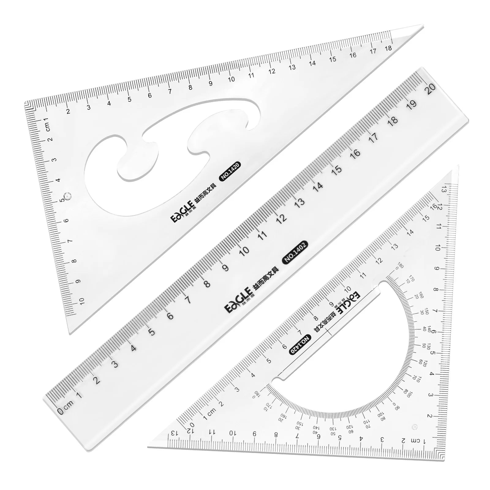 EAGLE 3Pcs Ruler Set with Protractor, Triangle Rulers, French Curve for Office Engineering Art, High Visibility Drawing Tools