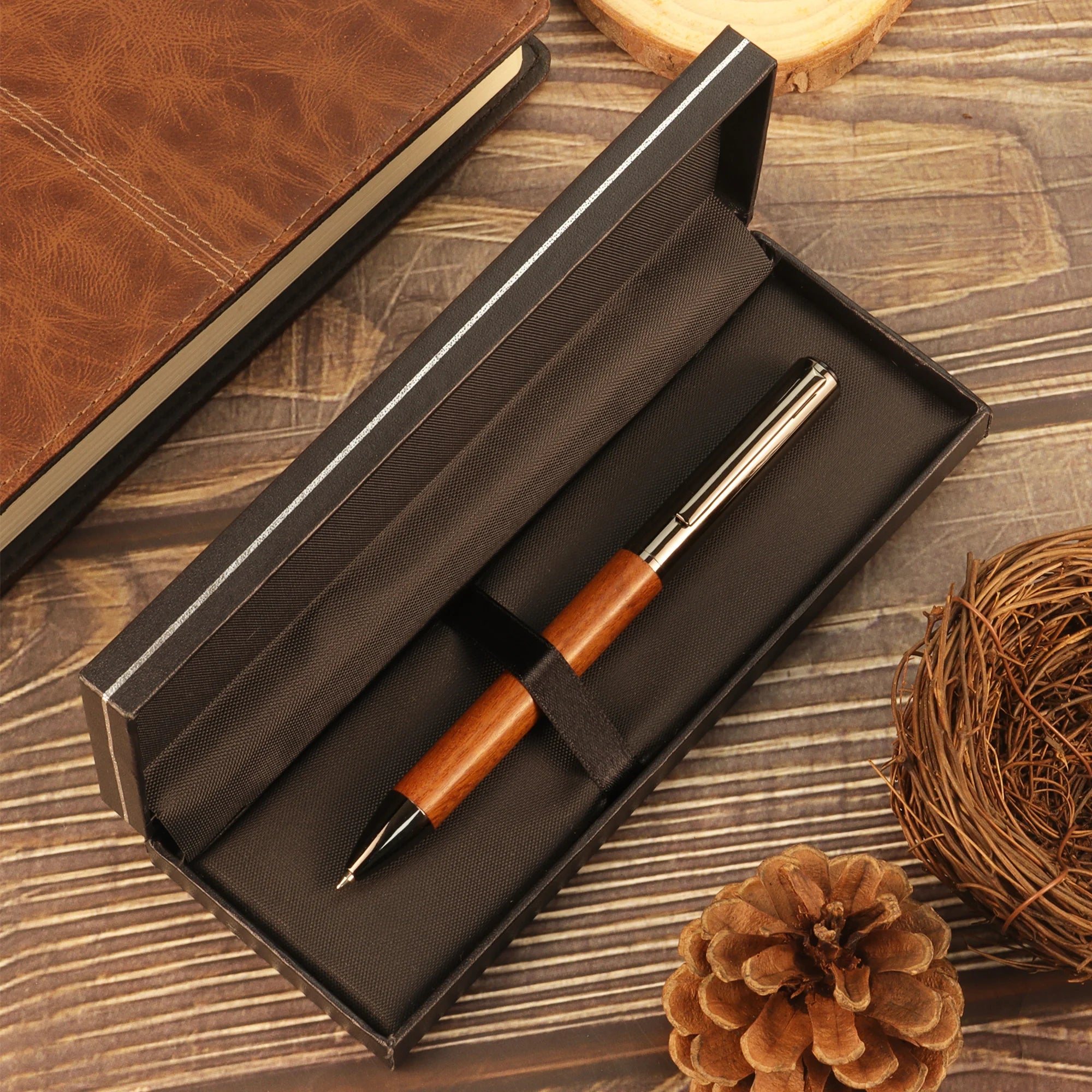 1-Piece Elegant Wooden Pen - the color of Brown or Ebony - Exquisite Sliver wire Box - Ideal Gift, Suitable for business