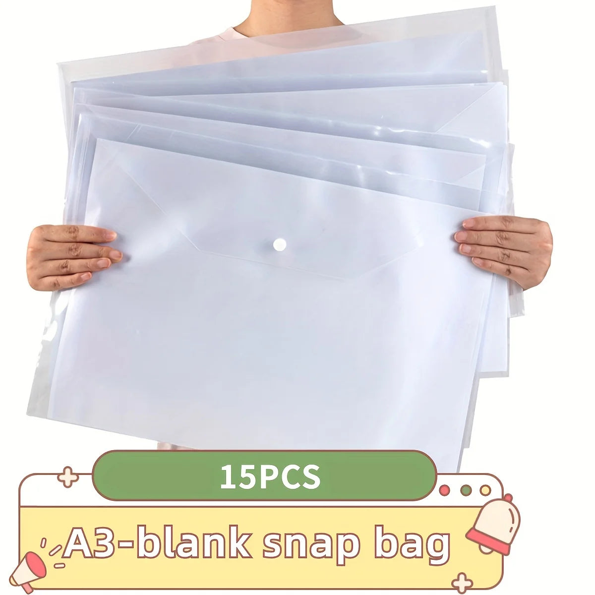 15-Pack Thickened PP 8K A3 Transparent Folder Clips, Waterproof Document Organizer Bags for School & Office Use